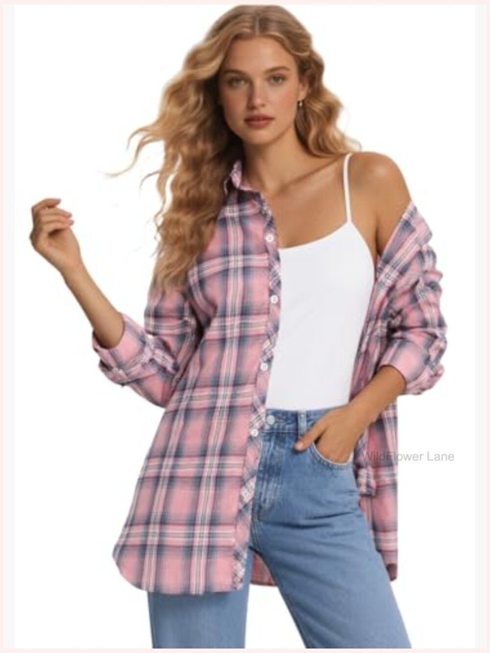 Oversized Plaid Flannel Button Down Shirt Blouse Top - Picture 2 of 2